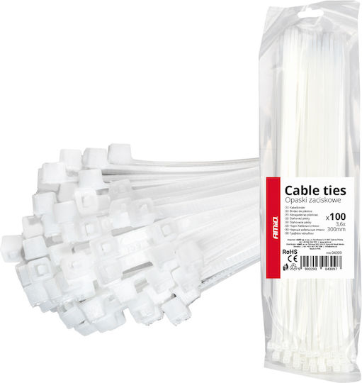 AMiO Plastic Cable Ties 300mmx3.6mm In White Colour 100 Pieces 04309