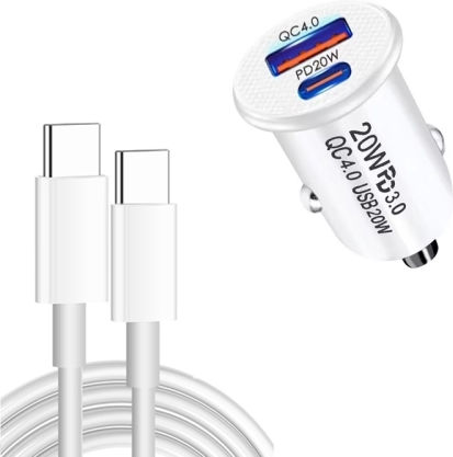 P10 Mini Car Charger Qc4.0 Usb Pd20w Fast Charging Data Cable Type-c Type-c White
