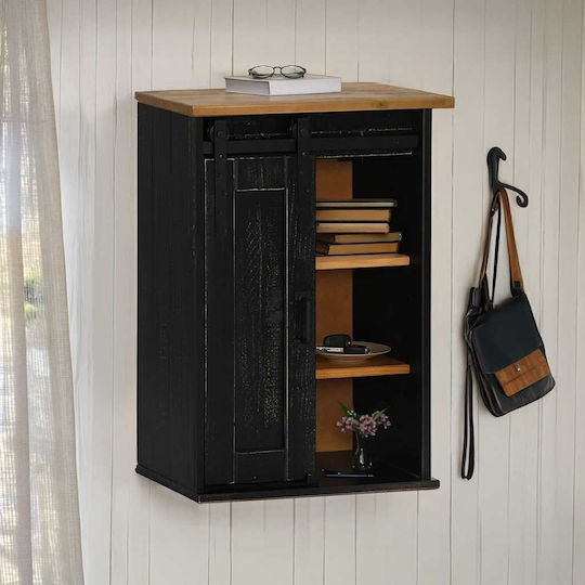 Wall Mounted Living Room Cabinet Made of Solid Wood and Metal Black 49x22.5x70cm