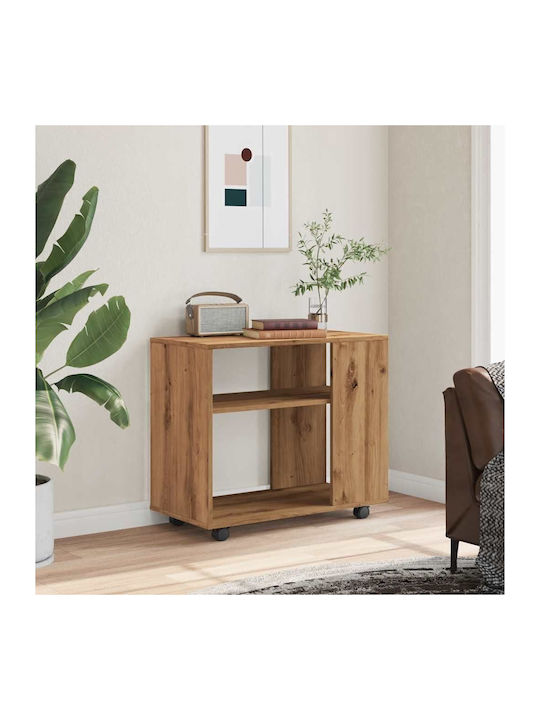 Rectangular Wooden Side Table with Wheels Brown...