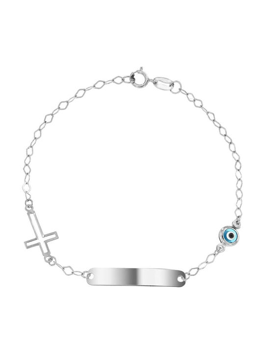 Eforo Kinderarmband ID aus Weißgold 14K mit Σταυρό & Böses Auge
