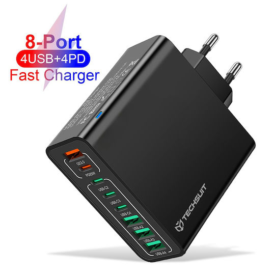 Techsuit Φορτιστής Χωρίς Καλώδιο με 4 Θύρες USB-A και 4 Θύρες USB-C 65W Power Delivery / Quick Charge 3.0 Μαύρος (CHPD224)