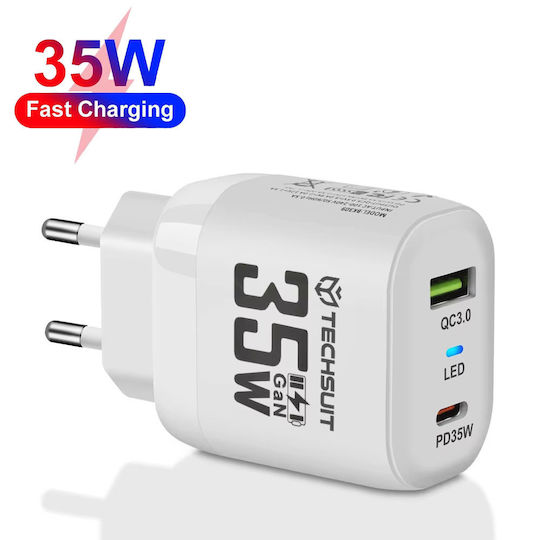 Techsuit Charger Without Cable GaN with USB-A Port and USB-C Port 35W Power Delivery / Quick Charge 3.0 Whites (CHPD174)