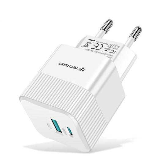 Techsuit Charger Without Cable GaN with USB-A Port and USB-C Port 25W Power Delivery / Quick Charge 3.0 Whites (CHPD216)