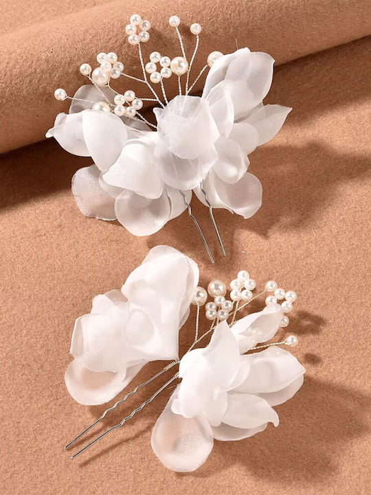 2 Agrafe de Păr de Mireasă Handmade Perle Flori Albe Organza Fiorella