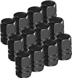 Set 12 Hexagonal Valve Caps Car Aluminum Alloy Length 1.8 Cm Black