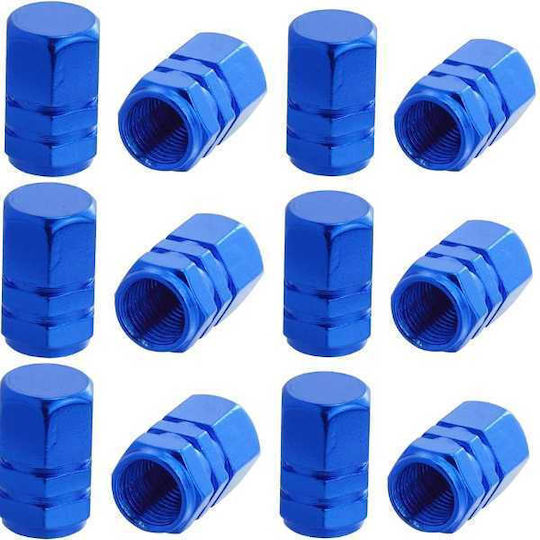 Set 12 Hexagonal Valve Caps Car Aluminum Alloy Length 1.8 Cm Blue