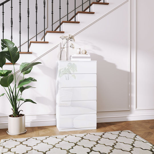 Wooden Chest of Drawers with 5 Drawers White Glossy 55x33x100cm