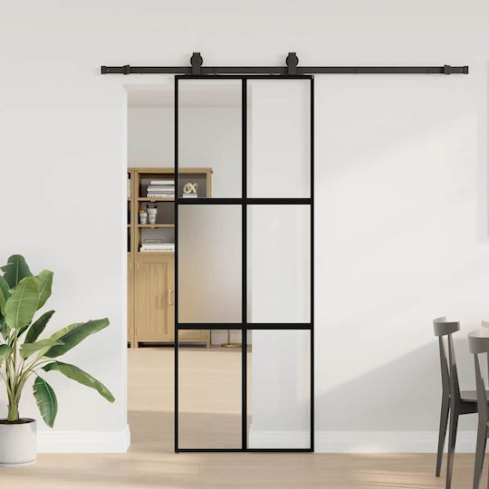 Vidaxl Sliding Door Hardware Set Black 76x205 Cm Tempered Glass Black