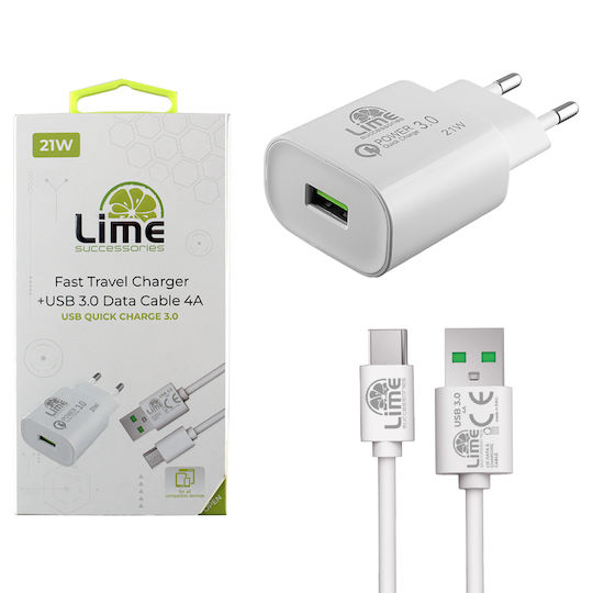 Lime Φορτιστής με Θύρα USB-A και Καλώδιο USB-C 21W Quick Charge 3.0 Λευκός (LTU25)