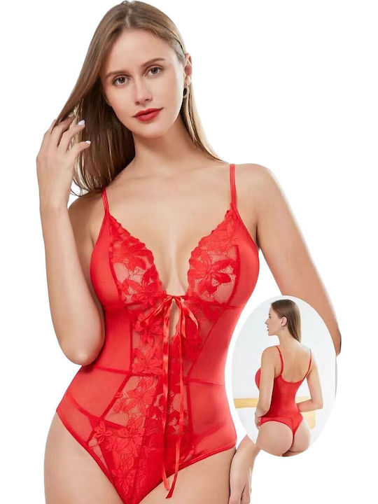 Κόκκινο String Κορμάκι Δαντέλα Σατέν Κορδέλα