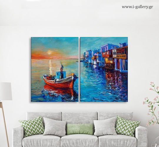 Canvas Painting Sunset in Mykonos Diptych 60x40cm 2 Pieces 30x40cm