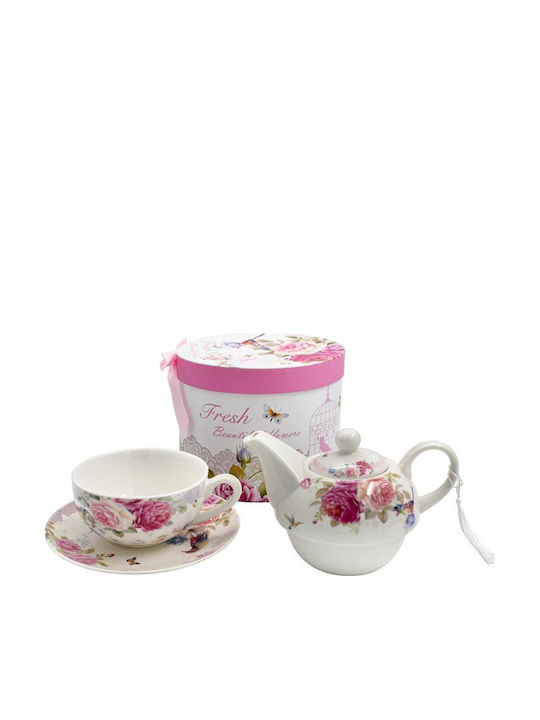 Fylliana Floral Τσαγιέρα με Κούπα Κεραμική Ροζ