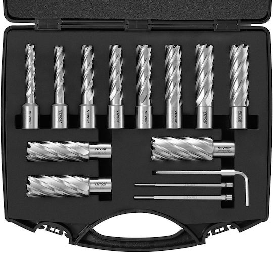 Vevor 13-Piece Annular Cutter Set Weldon Shank Mag Drill Bits 2" Cutting Depth 7/16" to 1-1/16" Cutting Diameter M2al HSS 2 Pilot Pins Hex Key Portable Case Magnetic Use Dr