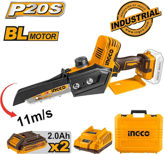 Ingco Battery Chainsaw 2x2Ah Brushless 20V 4.5kg with Blade 15cm