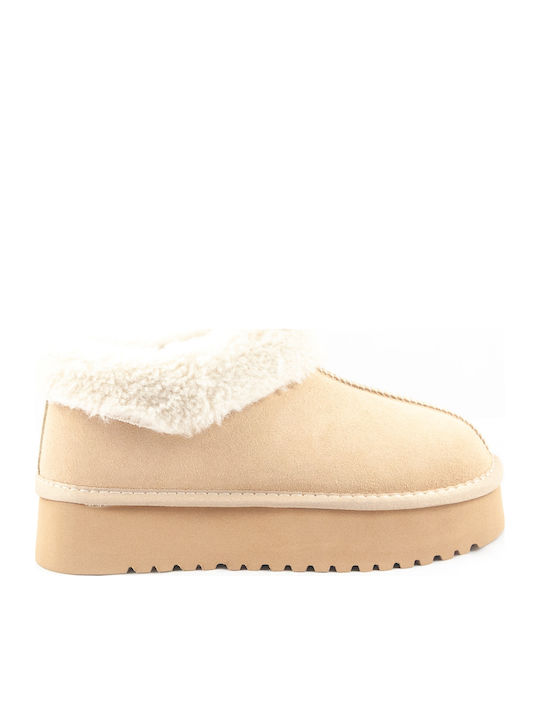 Leder Stiefeletten Damen mit Pelz Beige