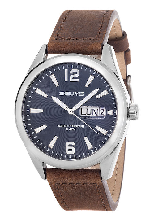 3Guys Herrenuhr 44mm Batterie mit Braun Lederarmband