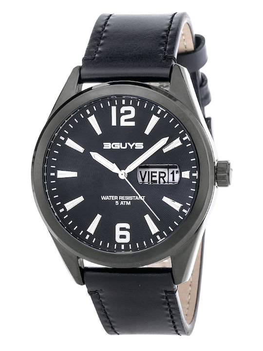 3Guys Men's Watch 44mm Battery with Black Leather Strap