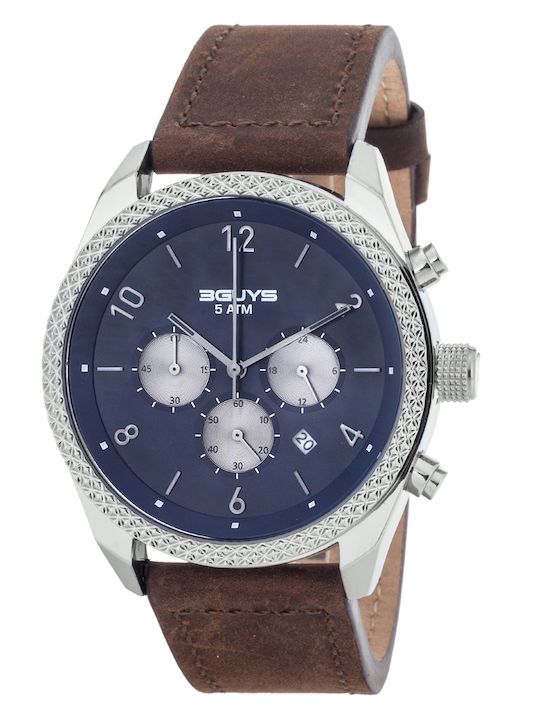 3Guys Men's Watch 45mm Chronograph Battery with Brown Leather Strap