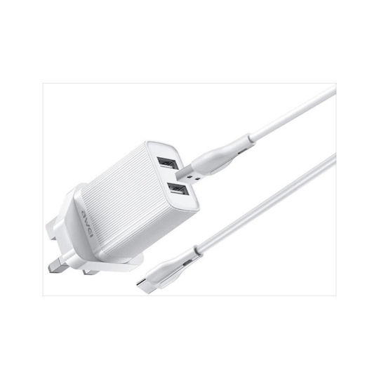 Awei Charger with 2 USB-A Ports and Cable Lightning 10W Whites (C15L-UK)