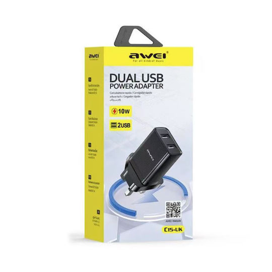Awei Φορτιστής Χωρίς Καλώδιο με 2 Θύρες USB-A 10W Μαύρος (C15-UK)