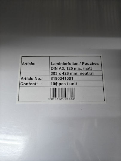 Monolith Ζελατίνες Πλαστικοποίησης A3 125 Mikrometer 8190341001-10 10Stück