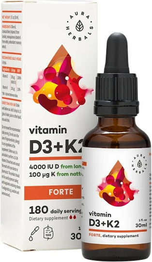 Aura Herbals Vitamin D3 + K2 Forte Витамин за Здравето на костите 4000иу 30мл