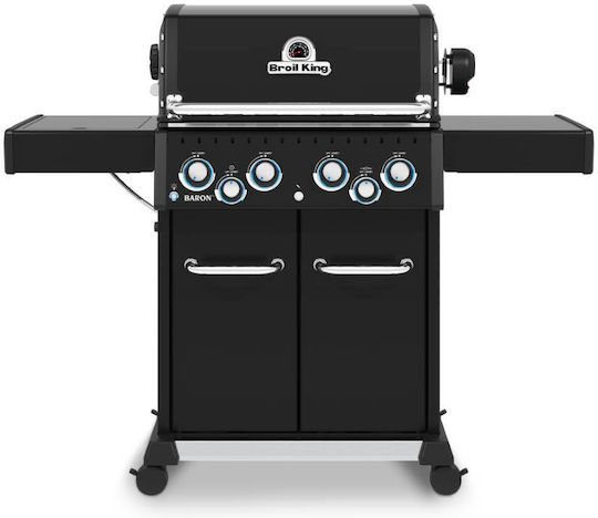 Broil King Baron 490 Газово Барбекю Чугунена Решетка 65.2брx44.4брсм. с 4 бр 12.4кВт и Страничен Нагревател