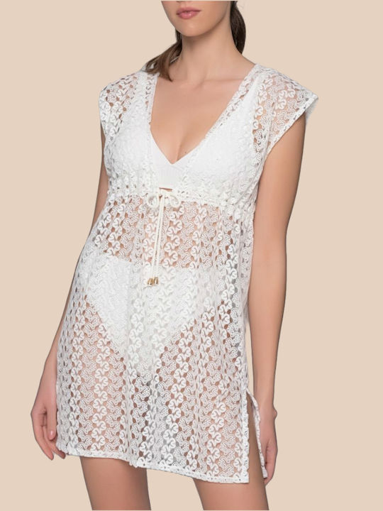 Milena By Paris Γυναικείο Κοντό Ivory Πλεκτό Καφτάνι Σκισίματα Στο Πλάι 040241-Εκρού Ivory