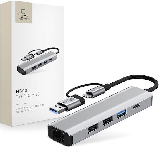 Tech-Protect HB03 Hub 4 Θυρών USB 3.0 με σύνδεση USB-A / USB-C / Ethernet Γκρι