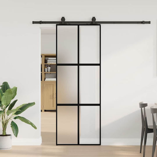 Set de feronerie pentru ușă glisantă negru 76x205 cm sticlă securizată neagră 76 x 205 cm șină 200 cm