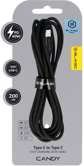 Blavec Плетен USB 2.0 Кабел USB-C Мъжки - USB-C 60W Захранване (PD) Черен 2м