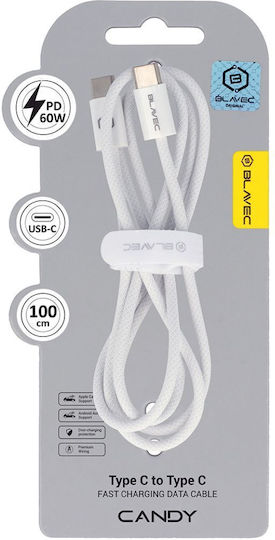 Blavec Плетен USB 2.0 Кабел USB-C Мъжки - USB-C 60W Захранване (PD) Бял 1м