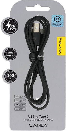 Blavec Braided USB 2.0 Cable USB-C male - USB-A 60W PD Μαύρο 1m