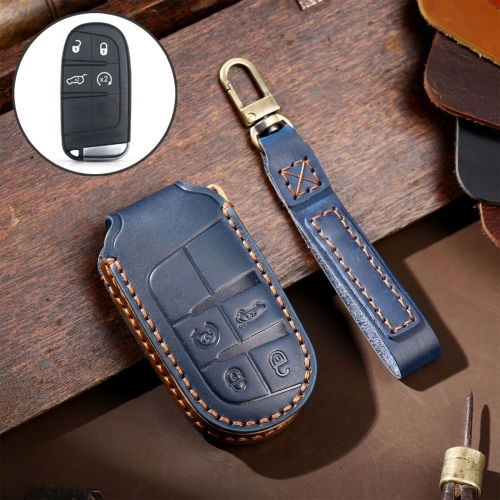 Husă de Protecție Cheie Auto din Piele Naturală Hallmo pentru Jeep Compass 4 Butoane Albastru