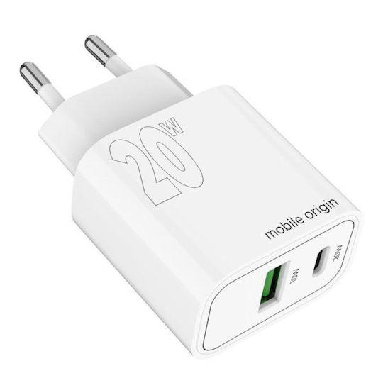 Mobile Origin Încărcător Fără Fir Cu Port USB-A Și Port USB-C 20W Livrarea Energiei Alb