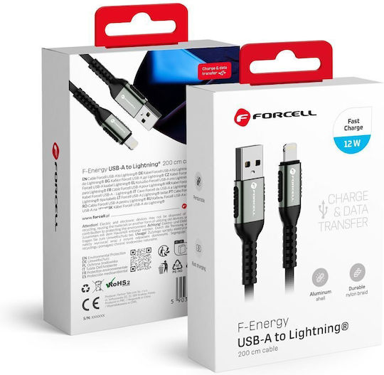 Forcell USB-A to Lightning Cable 12W Μαύρο 2m