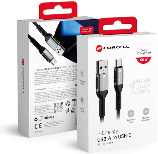Forcell USB 2.0 Cable USB-C male - USB-A 66W Μαύρο 2m