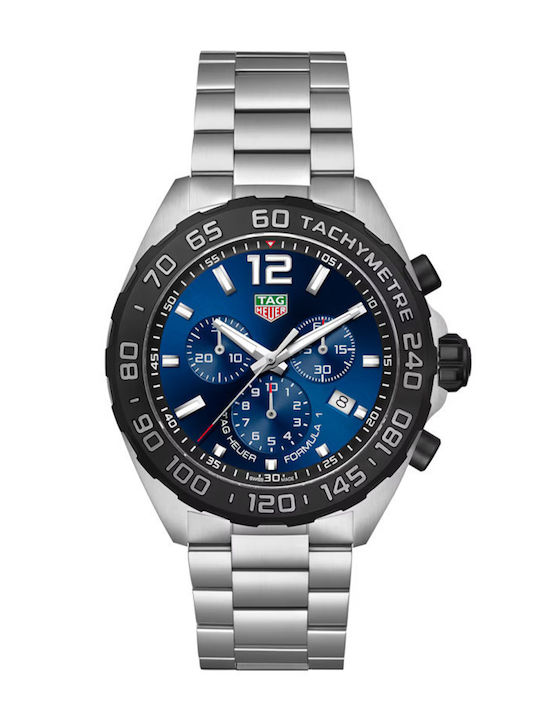TAG Heuer Ανδρικό Ρολόι Χρονογράφος Μπαταρίας με Ασημί Μεταλλικό Μπρασελέ