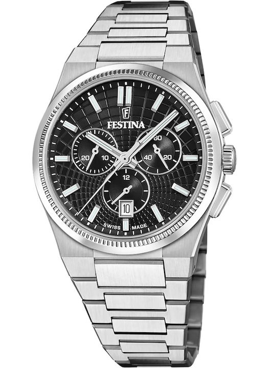 Festina Ανδρικό Ρολόι 42.5mm Χρονογράφος Μπαταρίας με Ασημί Μεταλλικό Μπρασελέ