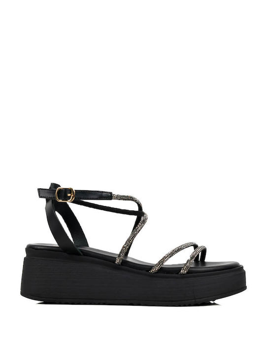 Black Flatforms Thin Straps Strass