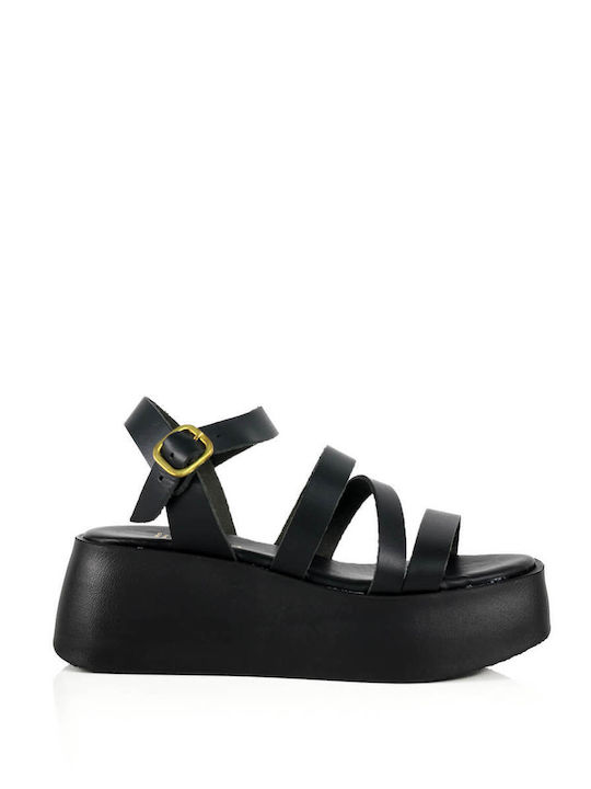 Black Leather Cross-Strap Flatforms