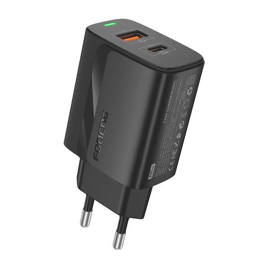 Foneng Зарядно без кабел с USB-A порт и USB-C порт 20W Power Delivery Черен (EU66)