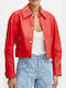 Women's Short Lifestyle Leather Jacket for Winter Red