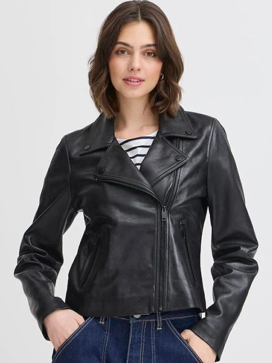 Women's Short Lifestyle Leather Jacket for Winter Black