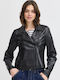 Women's Short Lifestyle Leather Jacket for Winter Black