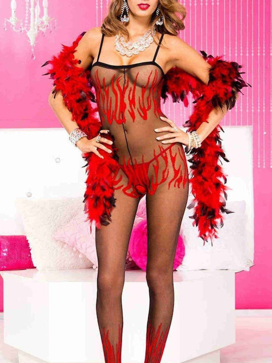 Merry See Bodysuit Sexy pentru Femei Transparent Flăcări Roșii Negru