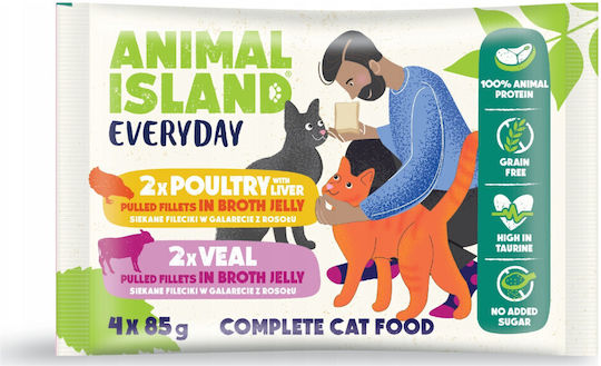 Animal Island Υγρή Τροφή για Γάτες σε Φακελάκι με Πουλερικά και Συκώτι 4x85gr