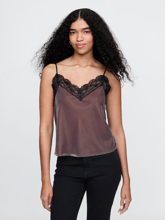 Women's Blouse Velvet Sleeveless with V Neckline Brown