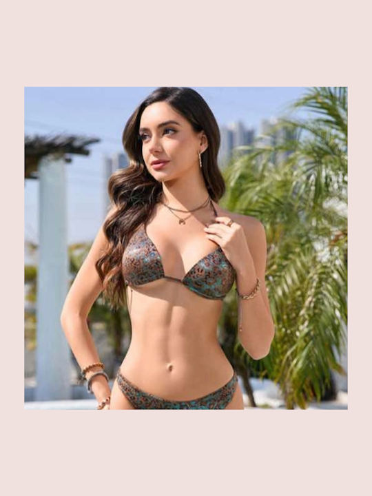 Set Bikini Push Up Brazil Animal Print Μαύρο Με Πράσινο